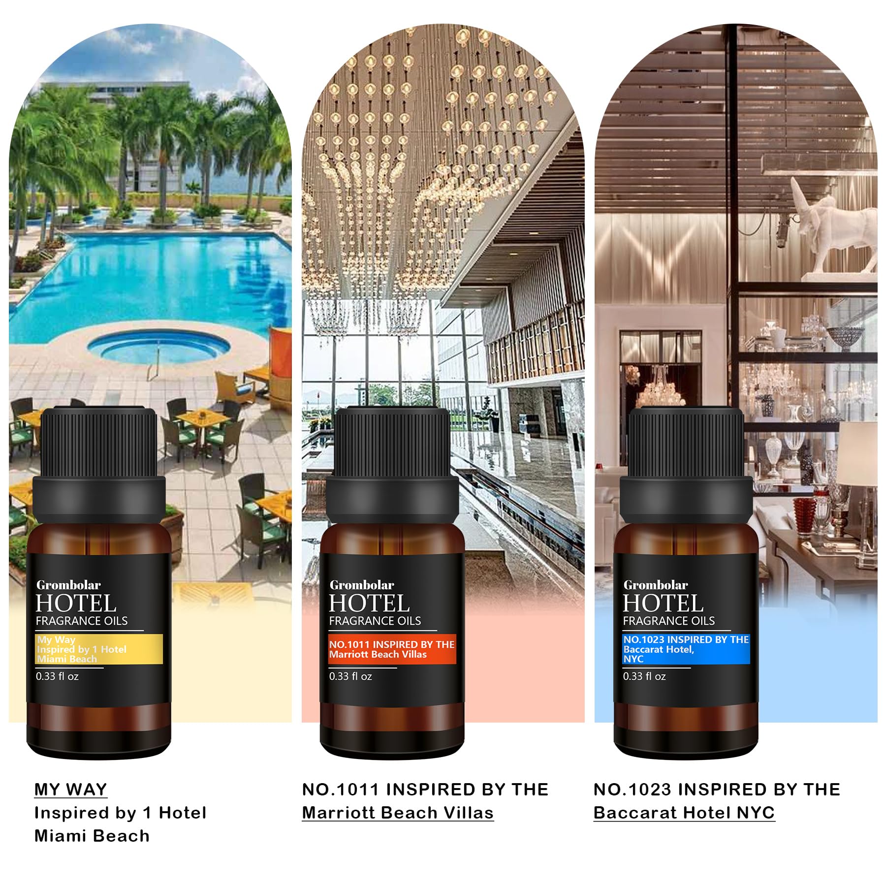 Grombolar Enchanting Evening diffuser oil bottle enhances hotel-inspired ambiance.