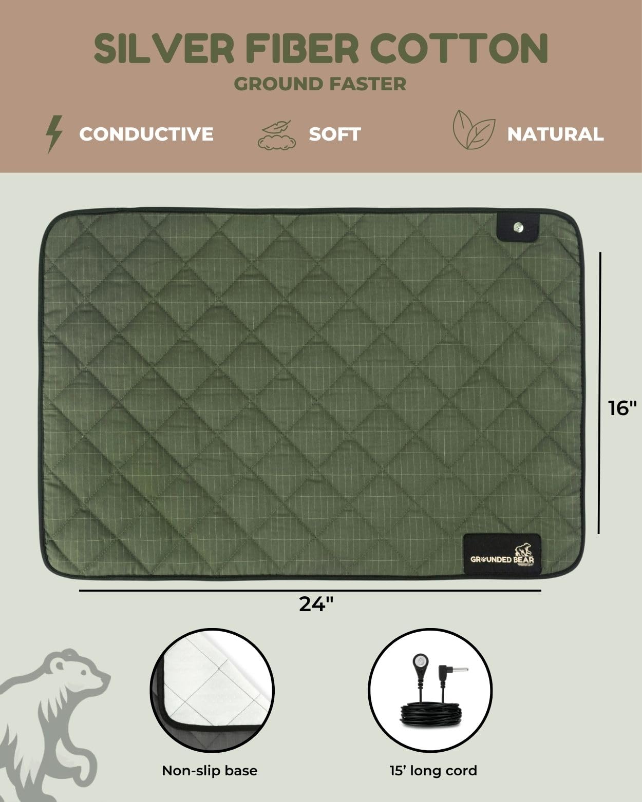 Grounded Bear silver fiber cotton mat highlights high conductivity for grounding.