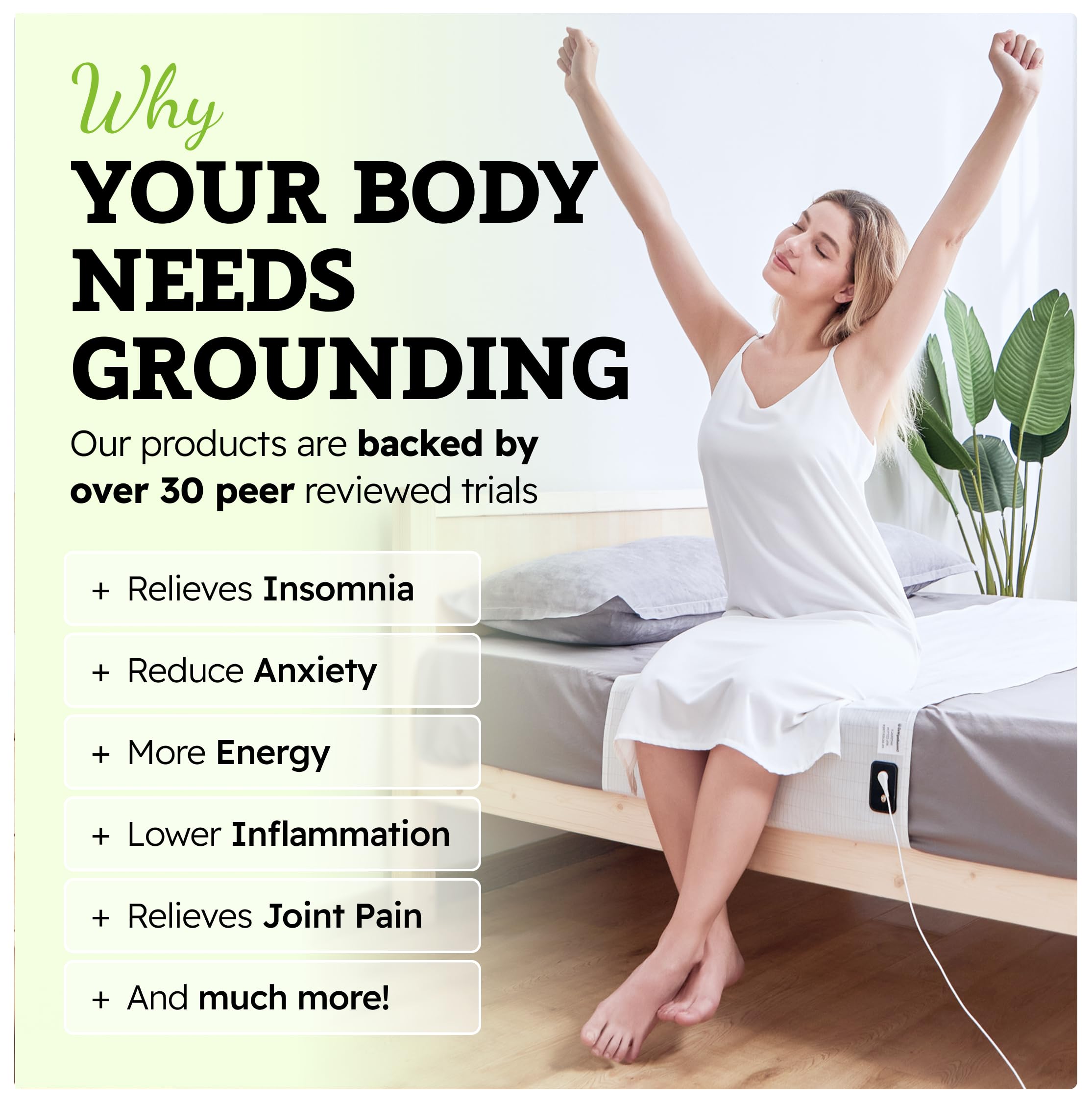 GroundingWell grounding sheet on bed showing universal fit for multiple sizes