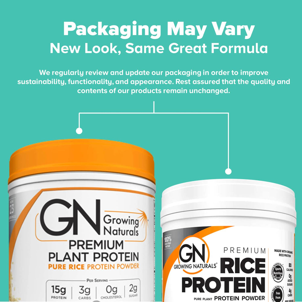 Growing Naturals Organic Rice Protein Powder label highlights vegan and gluten-free claims
