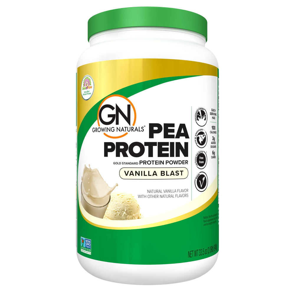 Growing Naturals Vanilla Blast pea protein bottle showcases plant-based protein for everyday meals