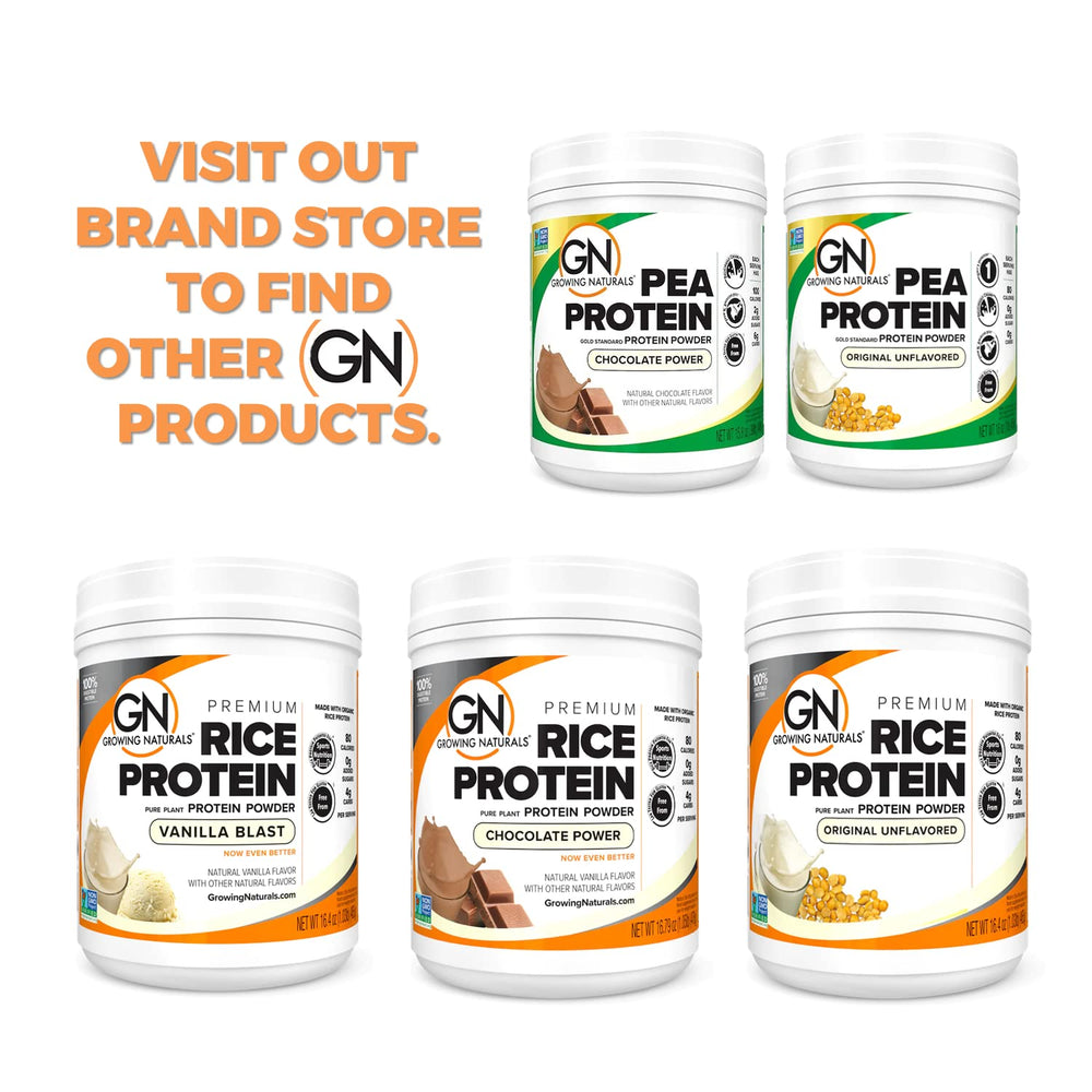 Growing Naturals Vanilla Blast pea protein powder pouring into a glass