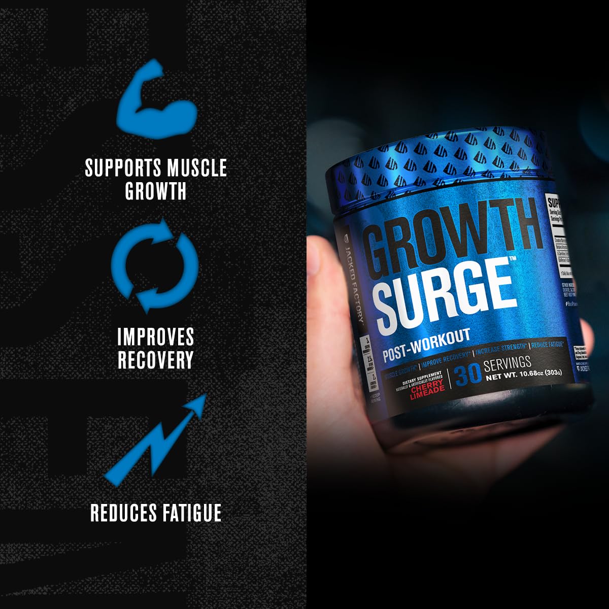 Growth Surge bottle pour showing fast-mix post-workout beverage.