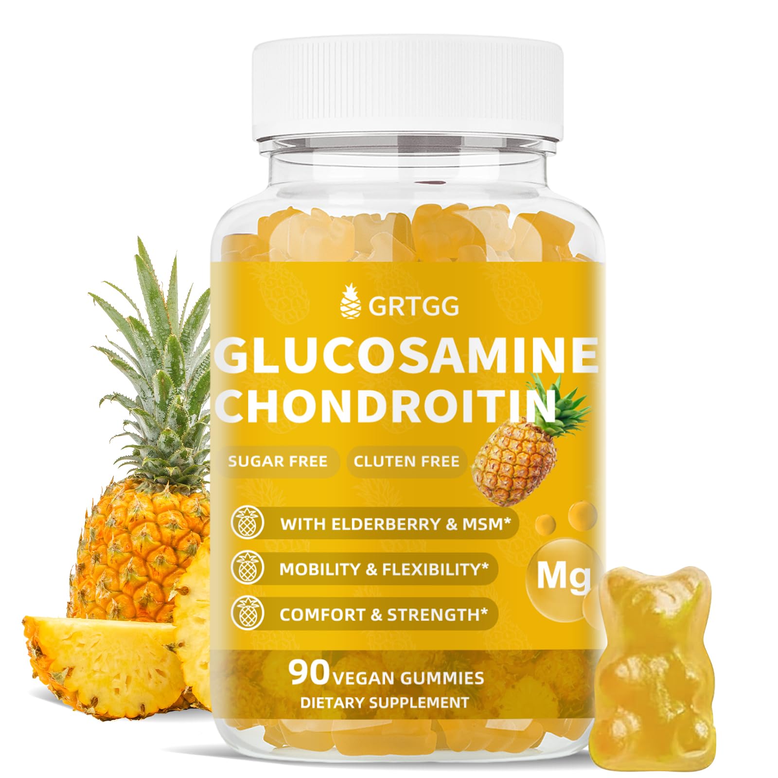 GRTGG Glucosamine Chondroitin gummies bottle front showing joint support and pineapple flavor.