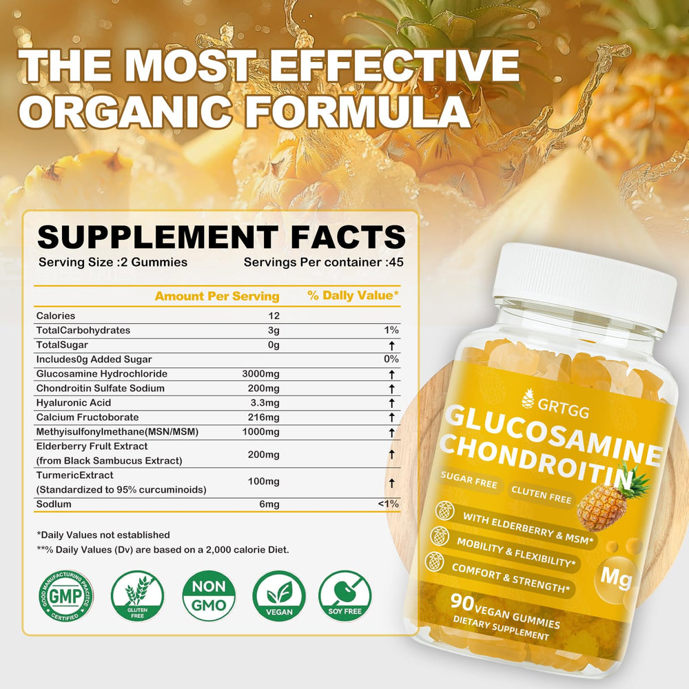Ingredients close-up featuring glucosamine, MSM, and chondroitin.