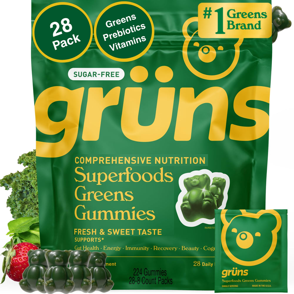 Grüns sugar-free super greens gummies bottle for on-the-go daily nutrition.