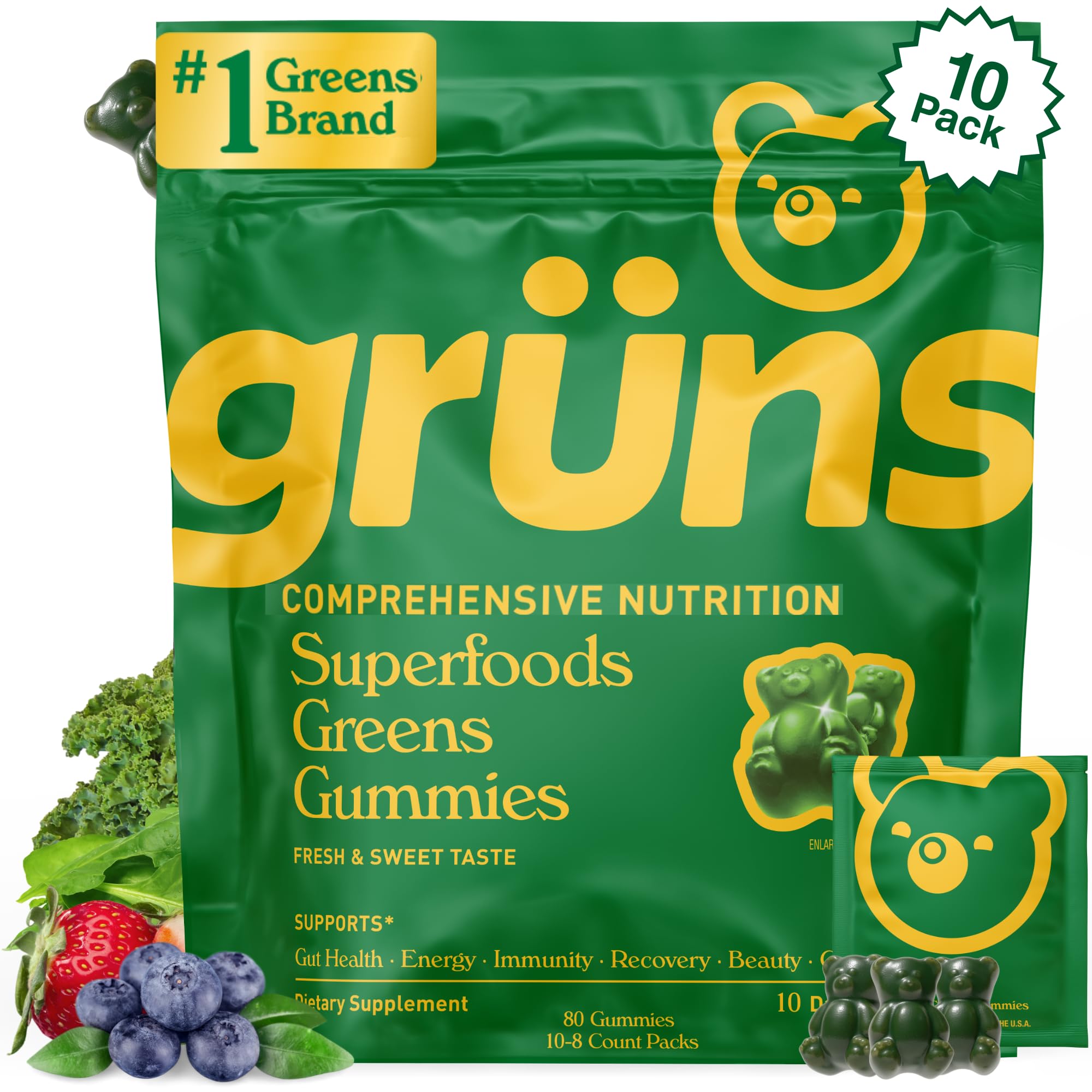 Grüns Super Greens Gummies bottle in strawberry flavor for daily nutrition.