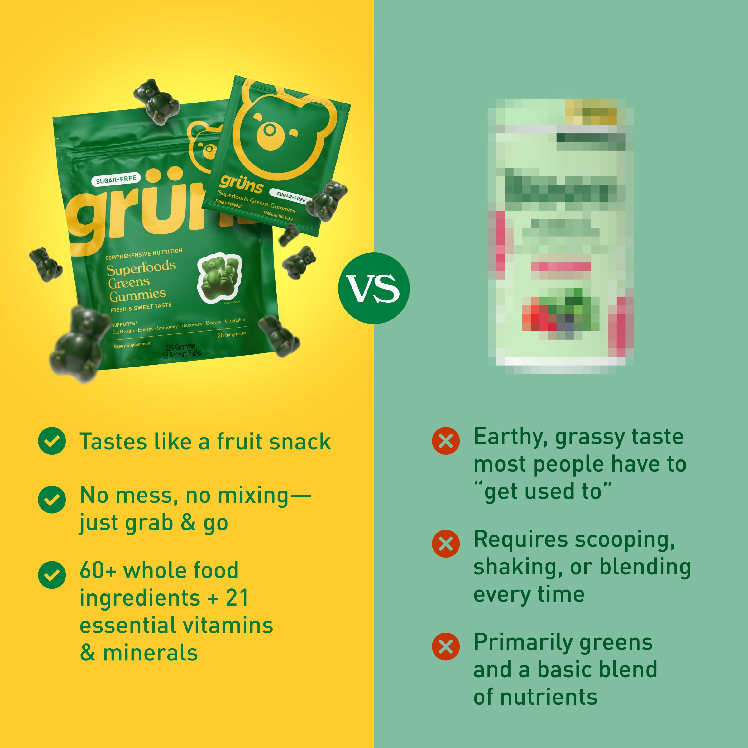 Grüns ten-pack on-the-go sachets provide portable daily nutrition.