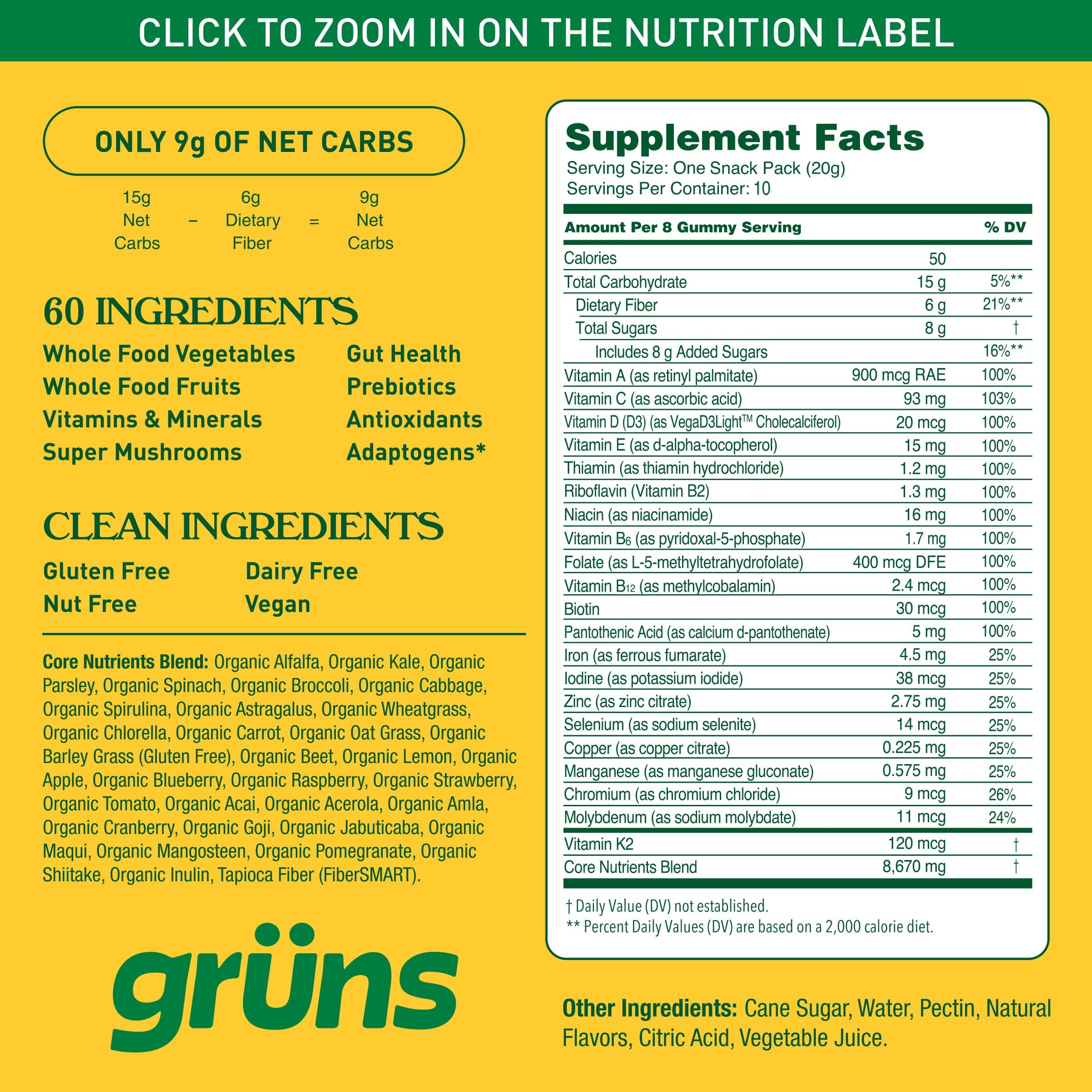 Grüns gummy texture close-up shows tasty, convenient snack.