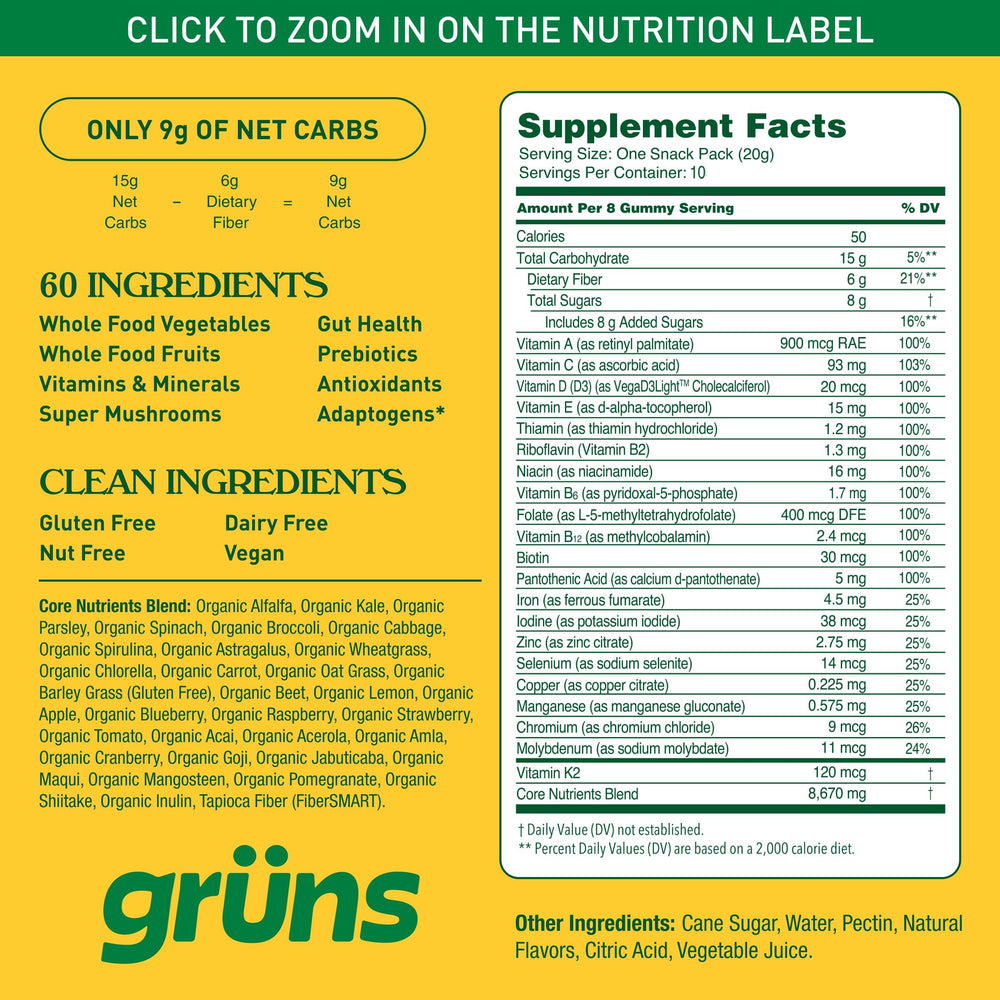 Grüns gummy texture close-up shows tasty, convenient snack.