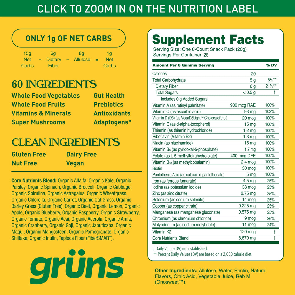Grüns bottle with gummies on a kitchen counter for everyday wellness.