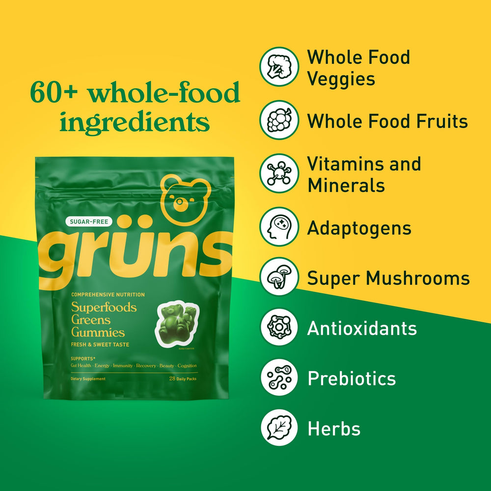 Grüns multivitamin gummies close-up highlighting methylated vitamins for easy absorption.