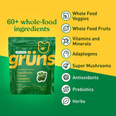 Grüns multivitamin gummies close-up highlighting methylated vitamins for easy absorption.