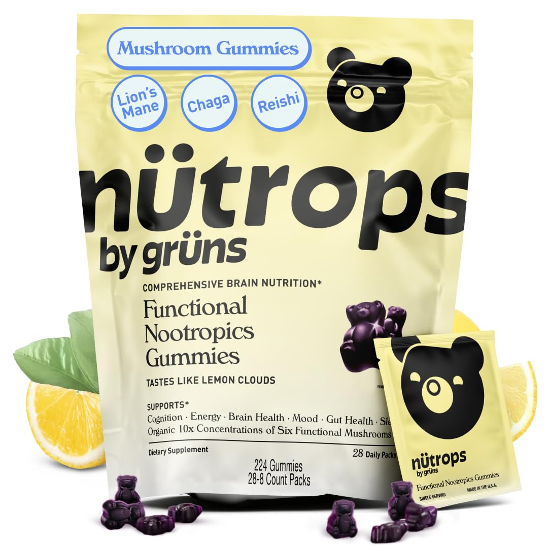 Grüns Nutrops Lions Mane gummies front of pack for easy daily brain support