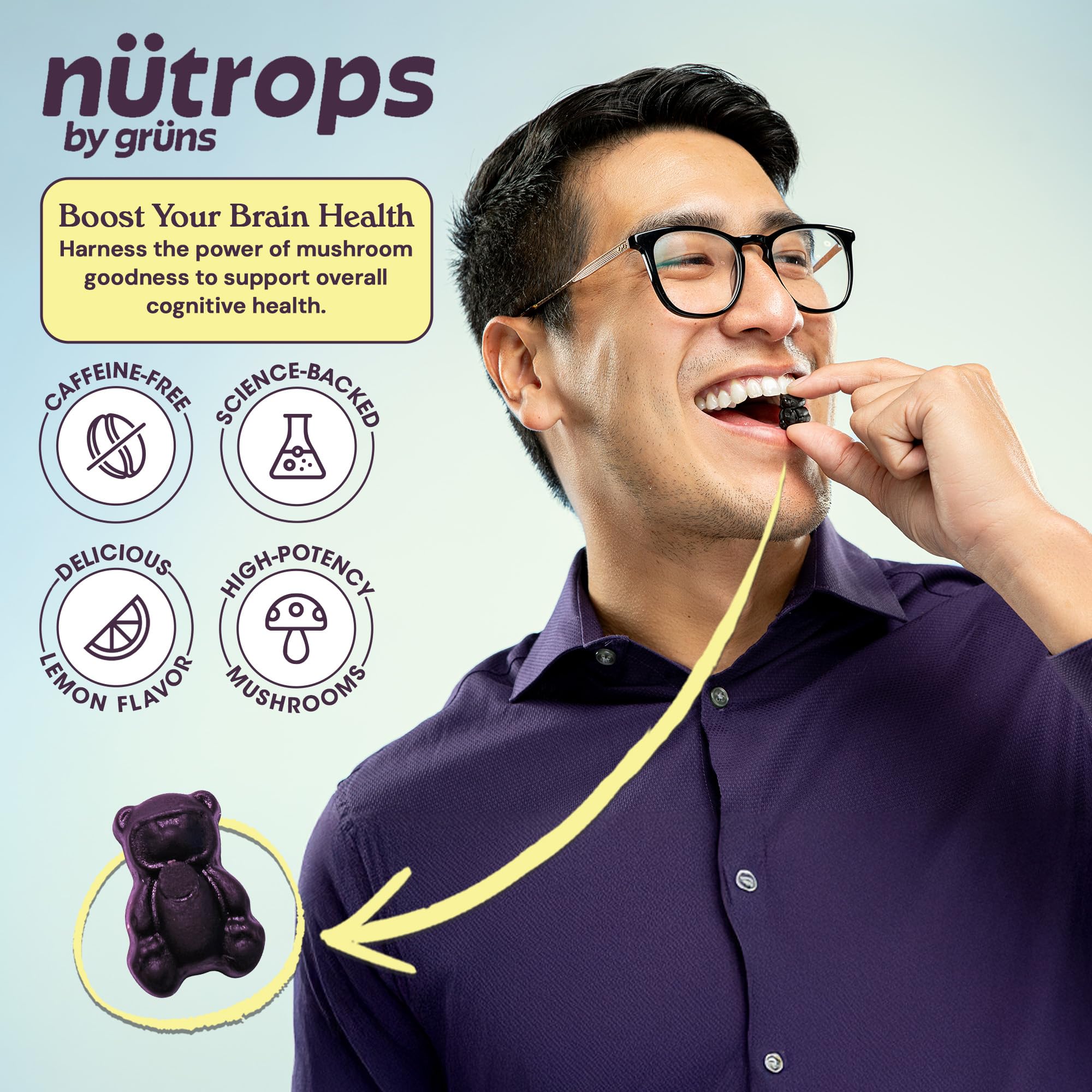 Grüns Nutrops Lions Mane gummies lemon flavor closeup for refreshing focus