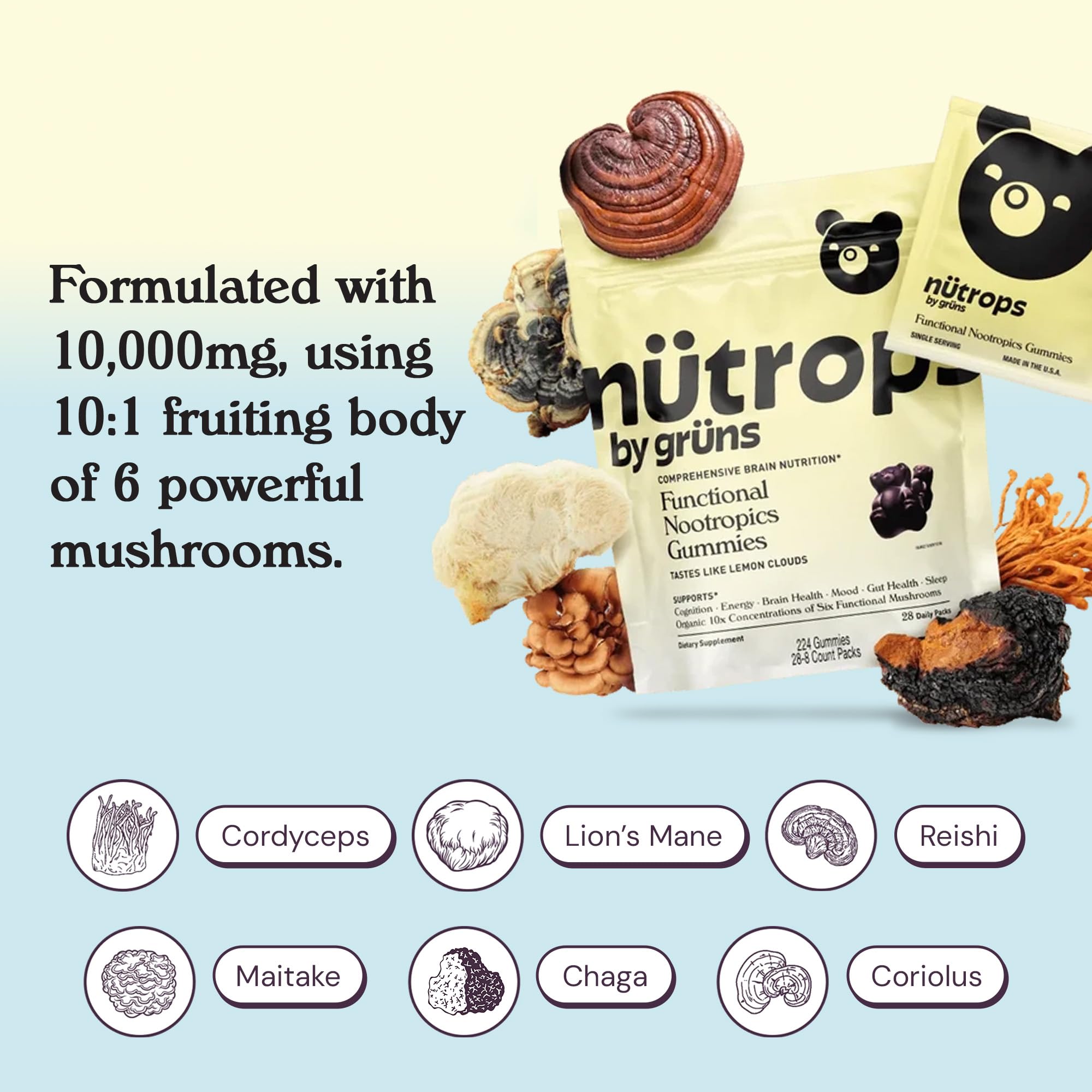 Grüns Nutrops Lions Mane gummies on-the-go pack ideal for travel and daily routine