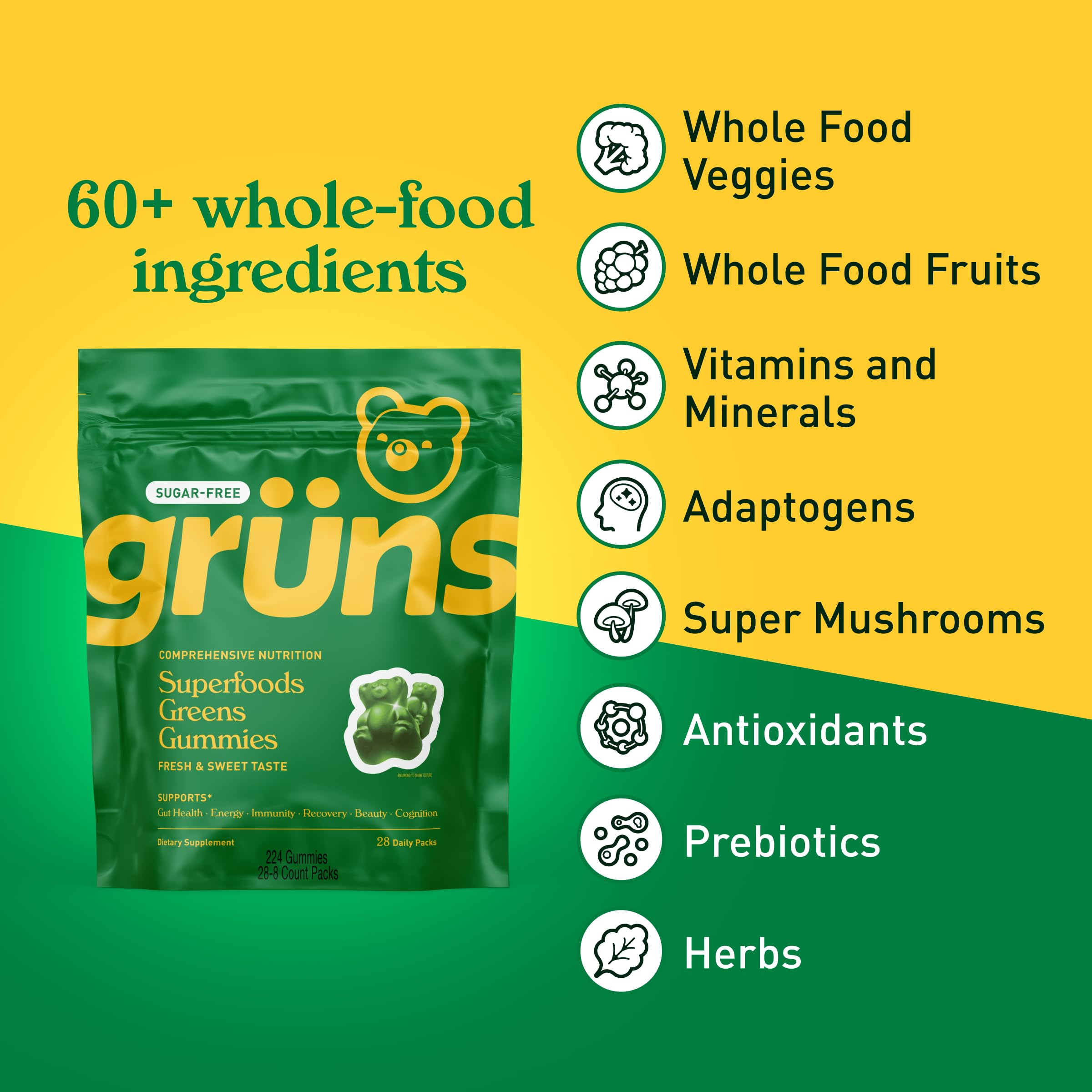 Grüns strawberry flavor gummies close-up for a tasty, sugar-free snack.