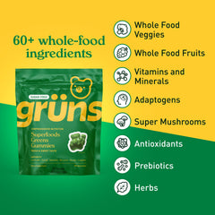 Grüns strawberry flavor gummies close-up for a tasty, sugar-free snack.