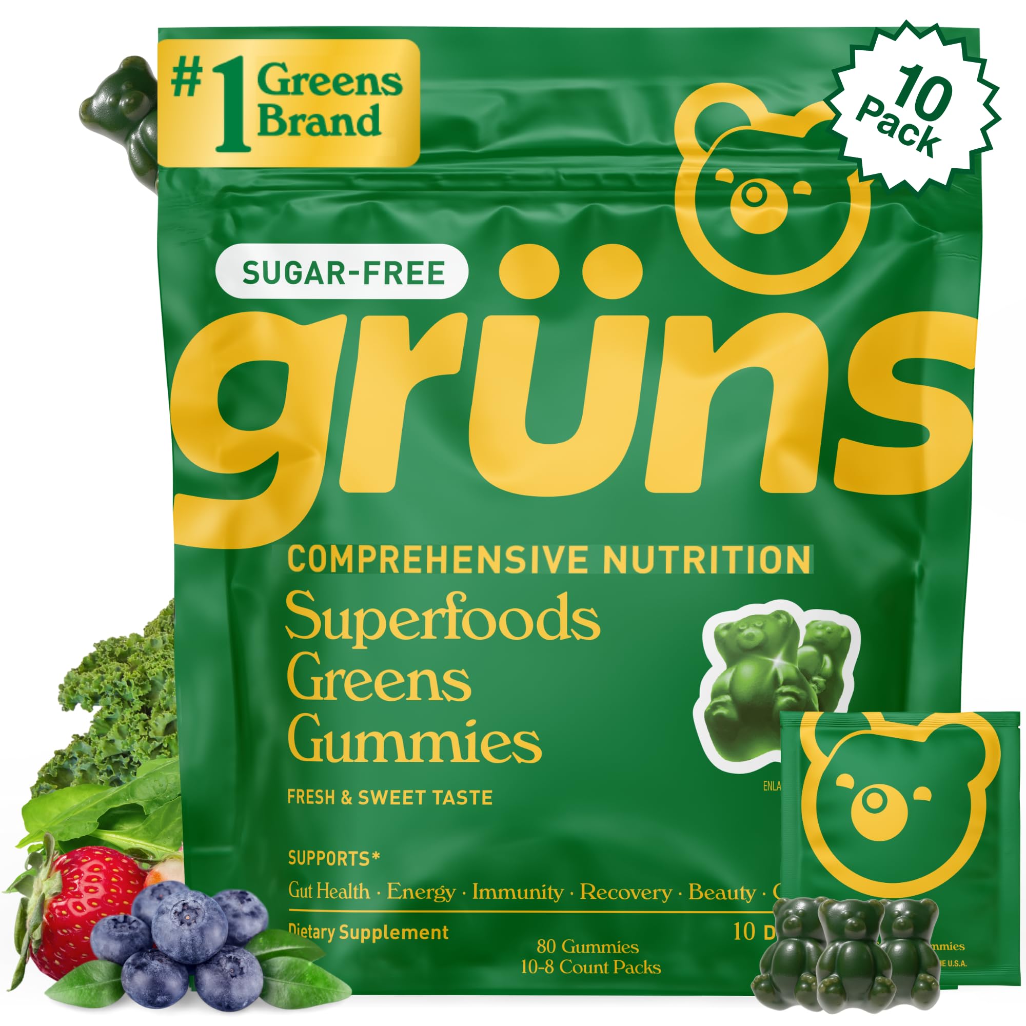 Grüns sugar-free super greens gummies strawberry flavor bottle promote convenient daily nutrition.