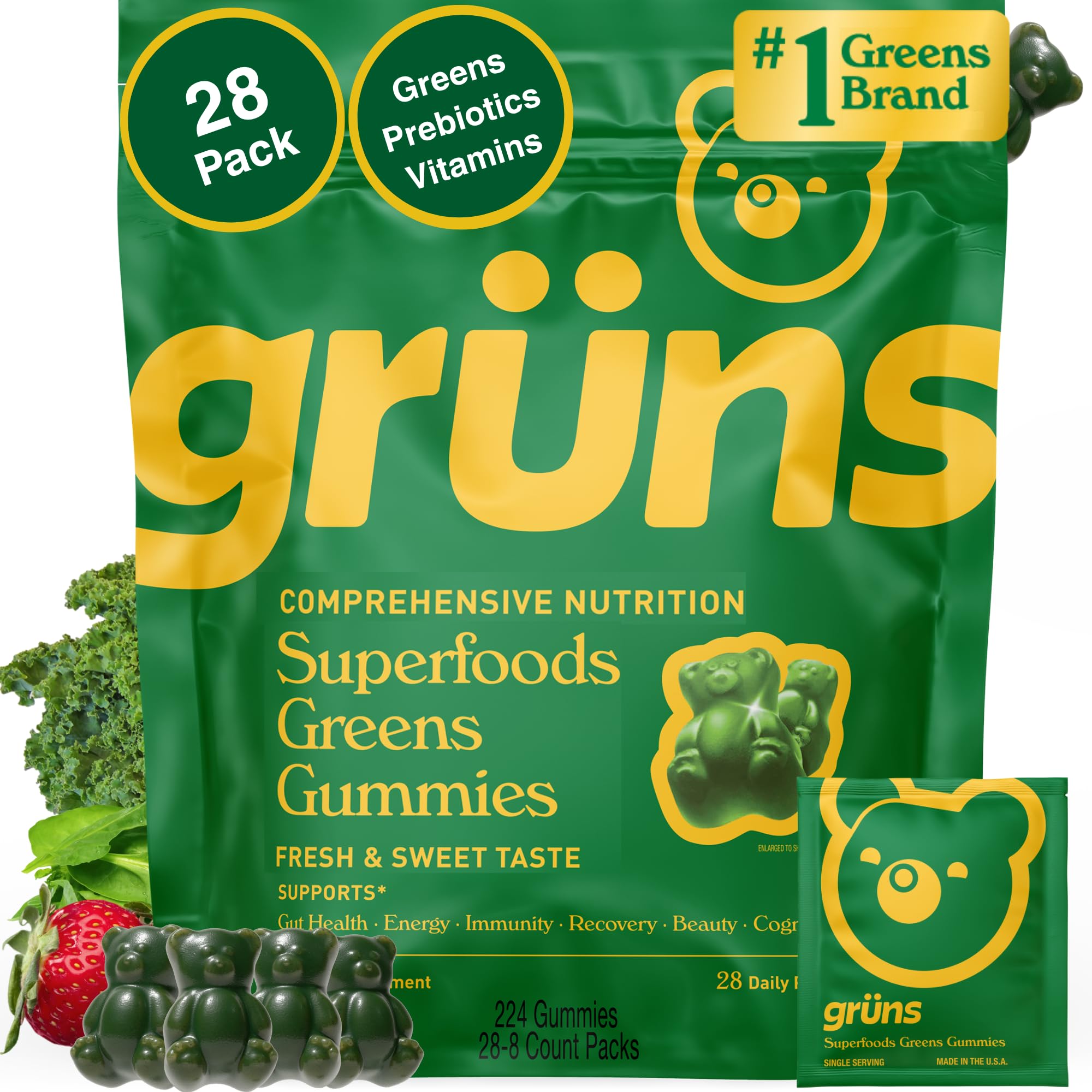 Grüns Super Greens gummy bears close-up showing chewy texture and strawberry flavor for daily nutrition