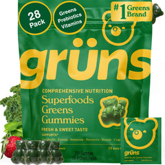 Grüns Super Greens gummy bears close-up showing chewy texture and strawberry flavor for daily nutrition