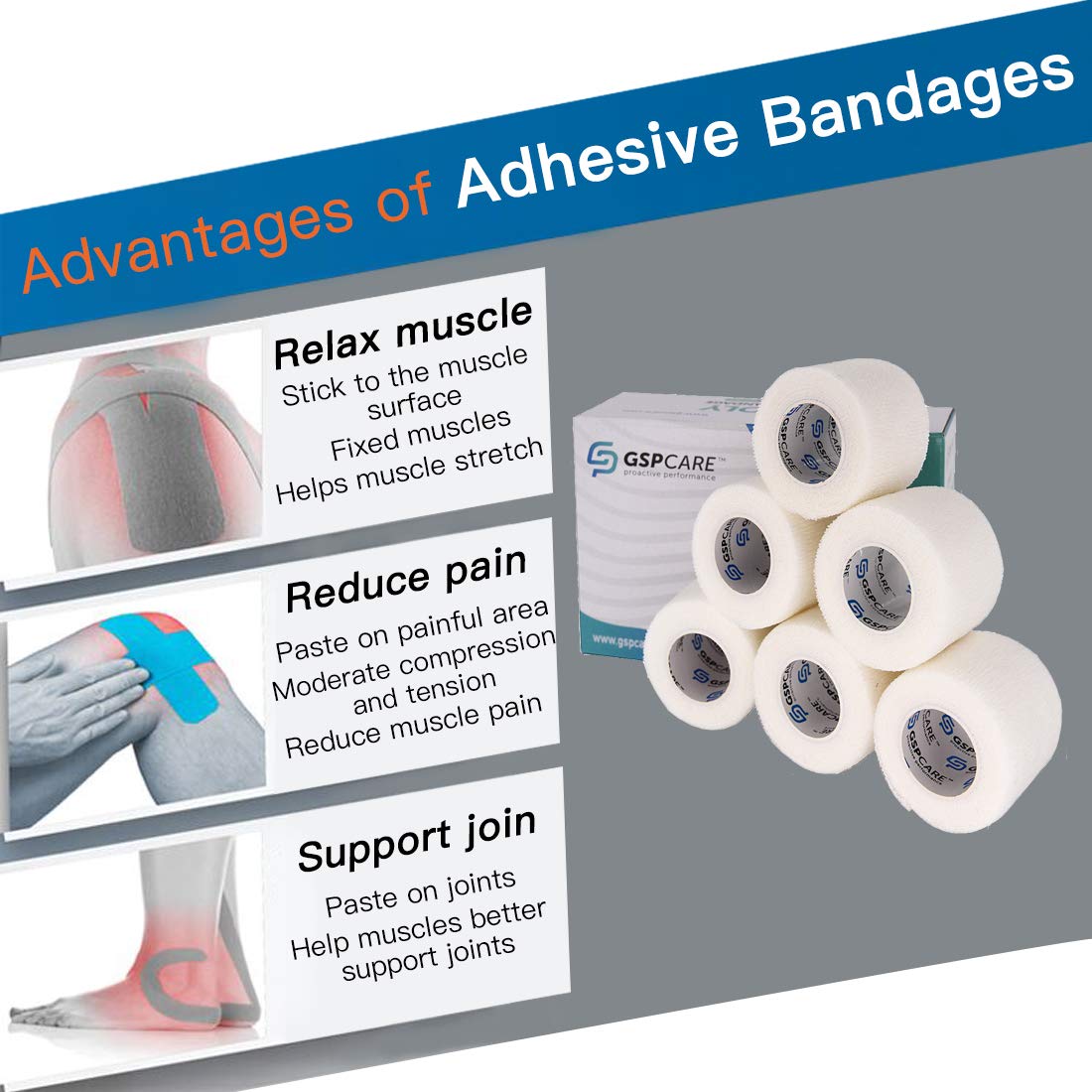 GSPCARE cohesive wrap provides breathable elasticity for joint protection.