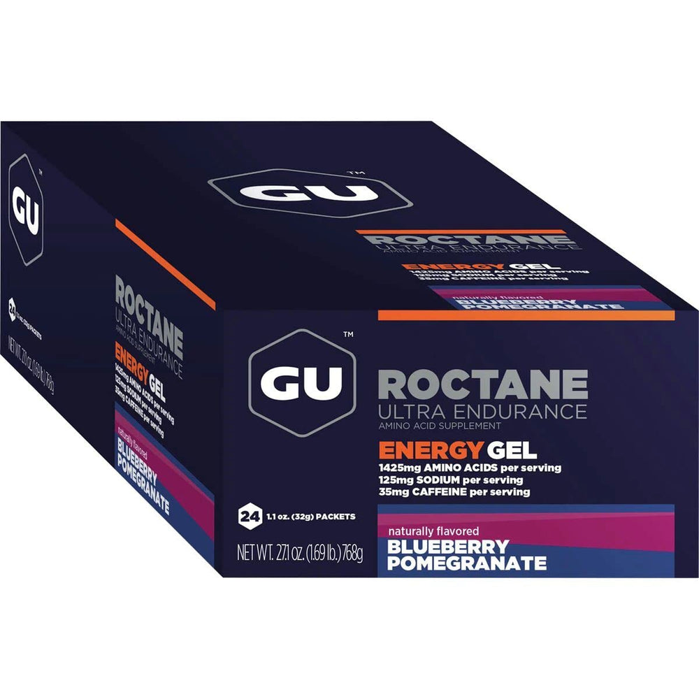 GU Roctane Gel blue blueberry-pomegranate serving close-up for quick energy.