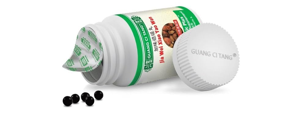 Guang Ci Tang Jia Wei Xiao Yao Wan bottle-label shows trusted herbal formula from a cGMP facility.