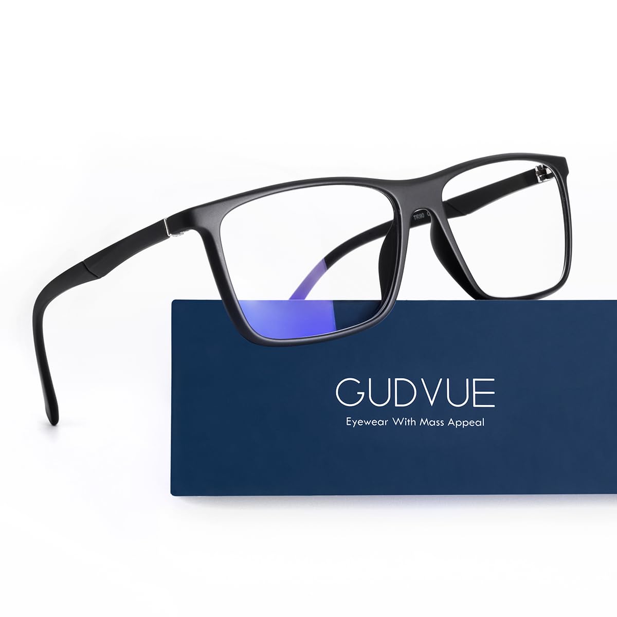 GUDVUE blue light glasses front view may help reduce eye strain during extended screen time