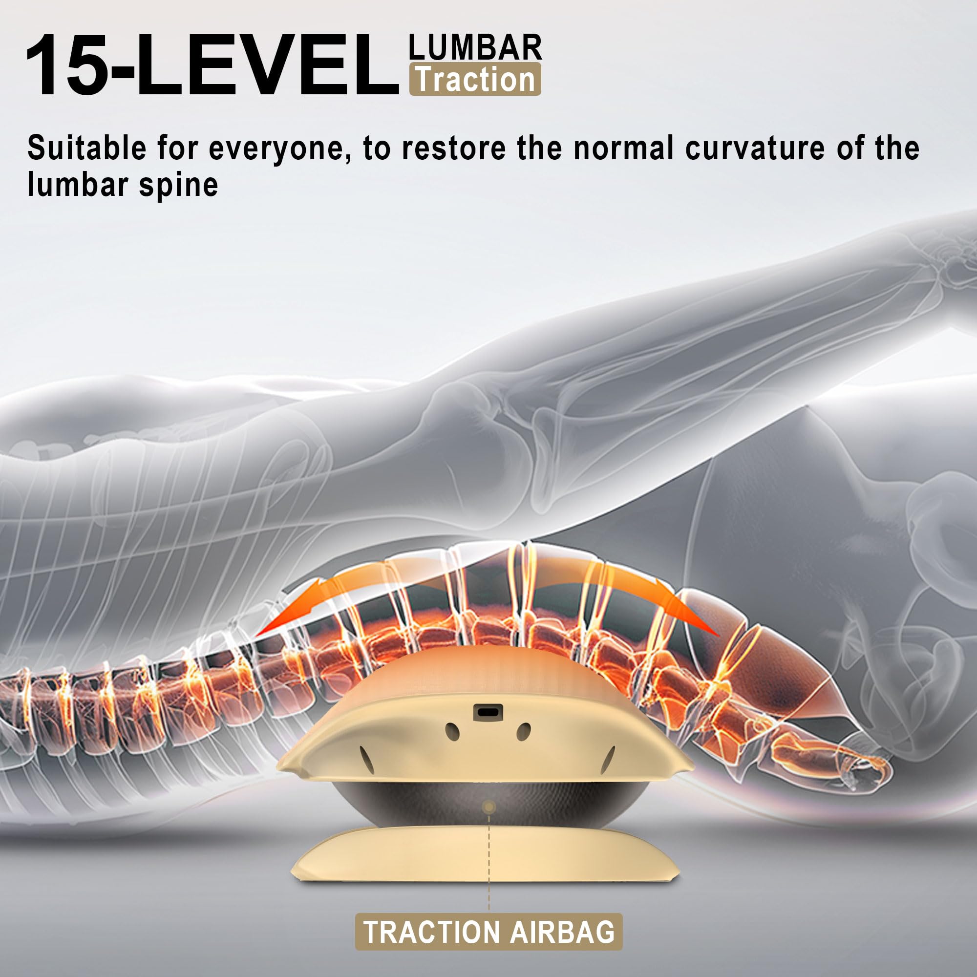 Guganas lumbar traction device powered by a long-lasting battery for portability.