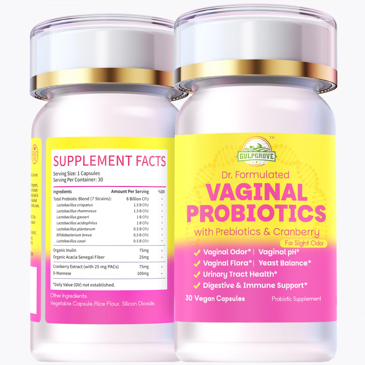 GulpGrove vaginal probiotics bottle front promotes daily balance and freshness