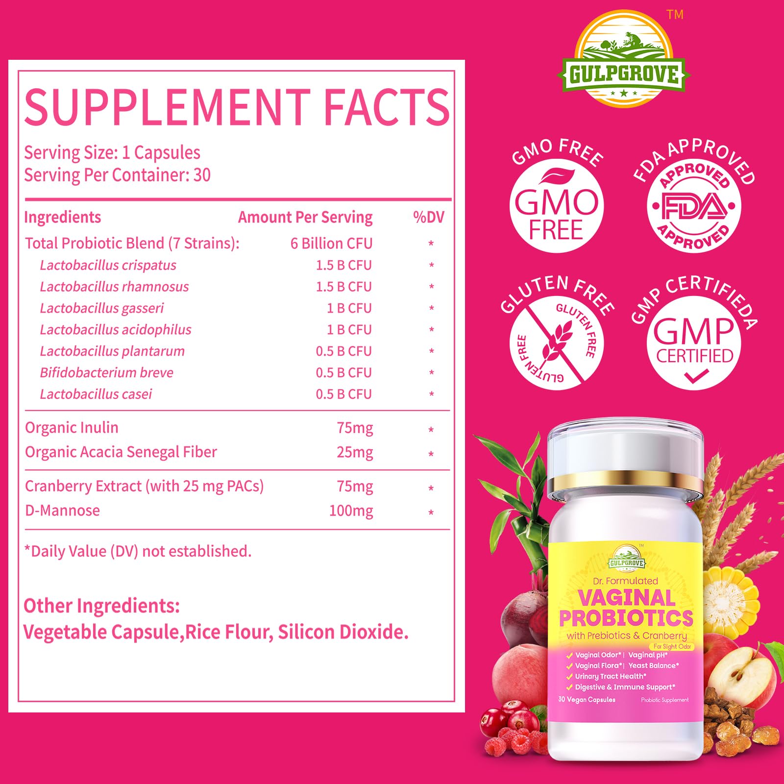 GulpGrove vaginal probiotics bottle label highlights seven strains and vegan formula