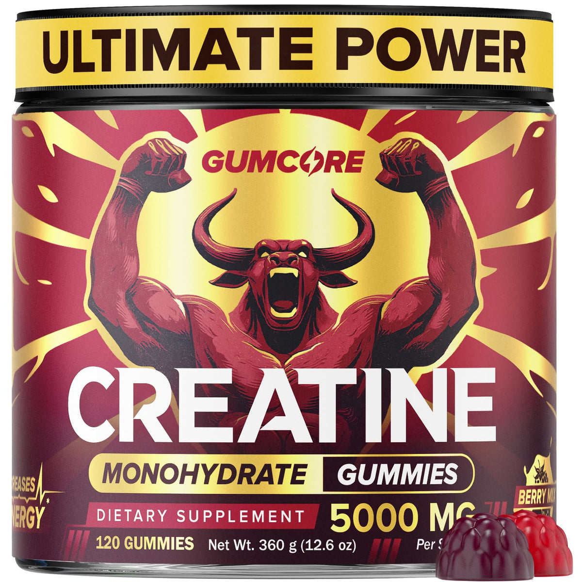 GUMCORE Creatine Monohydrate Gummies bottle promotes muscle support and on-the-go energy.