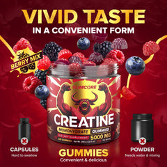 GUMCORE Creatine Monohydrate Gummies on shelf highlights vegan, gluten-free formula.