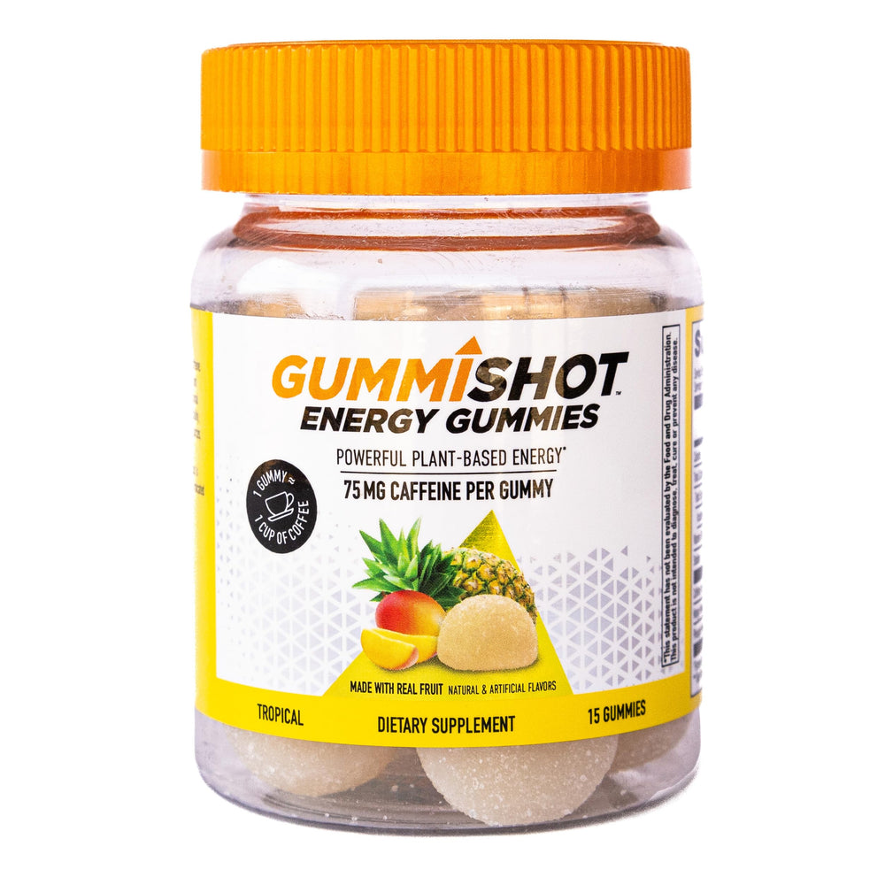 GummiShot tropical bottle front ready for a busy morning energy boost