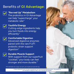 GI Advantage probiotics graphic highlighting gut-friendly bacteria benefits.