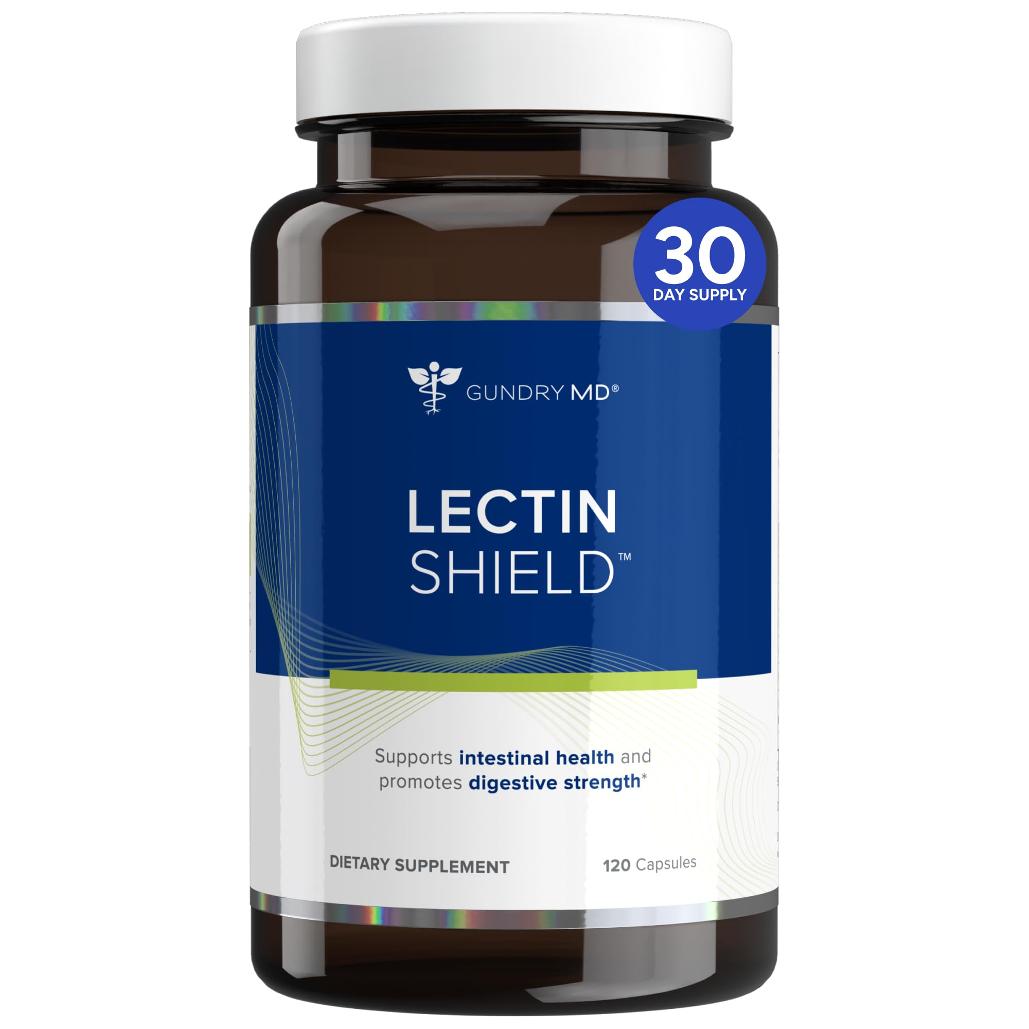 Gundry MD Lectin Shield bottle on a clean counter signaling digestive comfort.