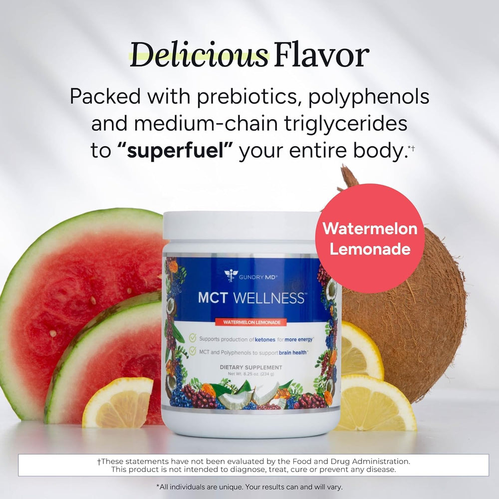 Ingredient panel highlights red grape extract in Gundry MD MCT Wellness formula.