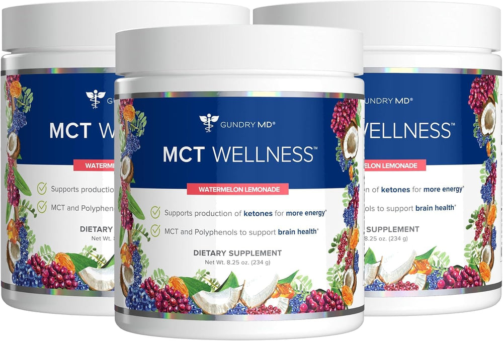 Gundry MD MCT Wellness Watermelon Lemonade bottle shows keto-friendly, sugar-free energy support.