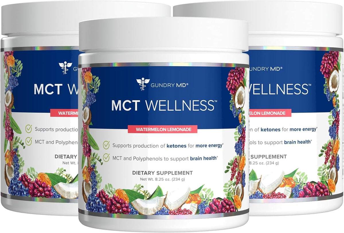 Gundry MD MCT Wellness Watermelon Lemonade bottle shows keto-friendly, sugar-free energy support.