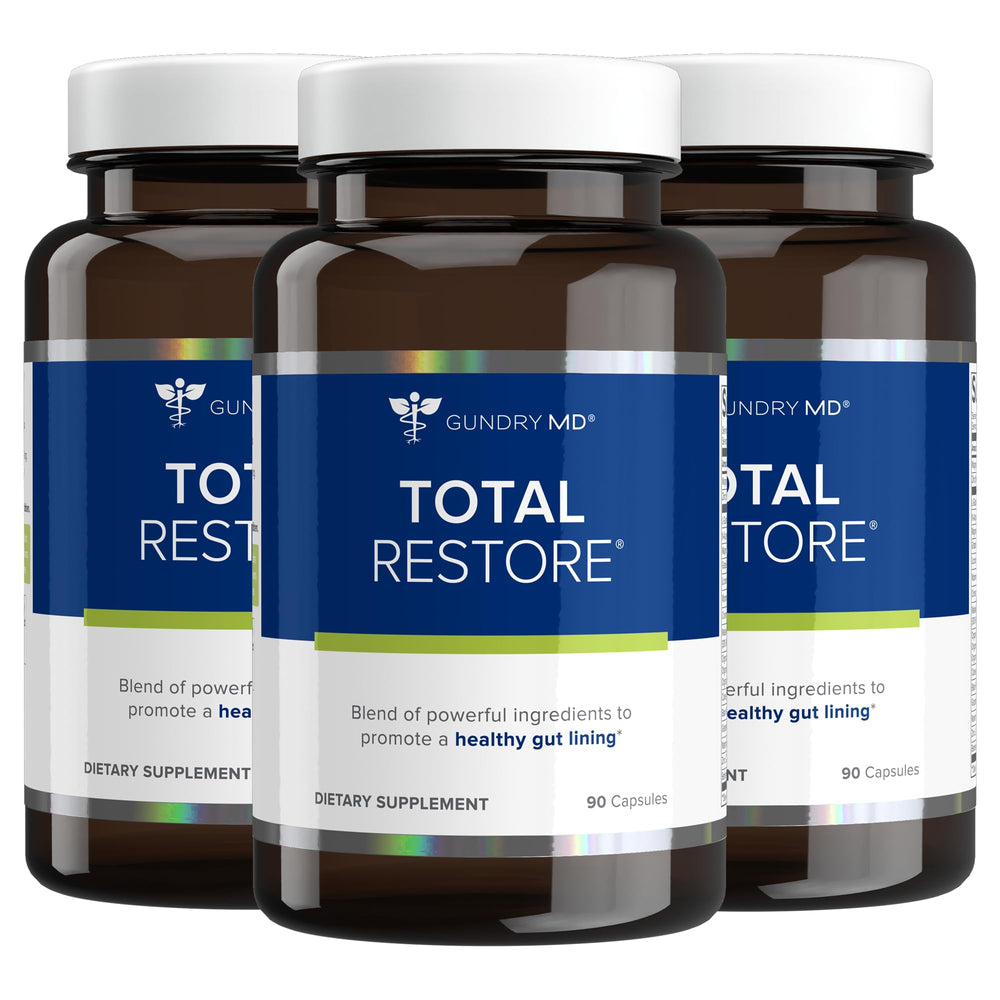 Gundry MD Total Restore bottle on the counter supporting gut wellness.