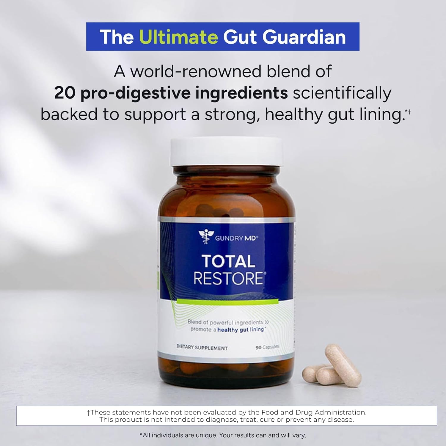 Total Restore label close-up highlights the three-capsule daily routine.