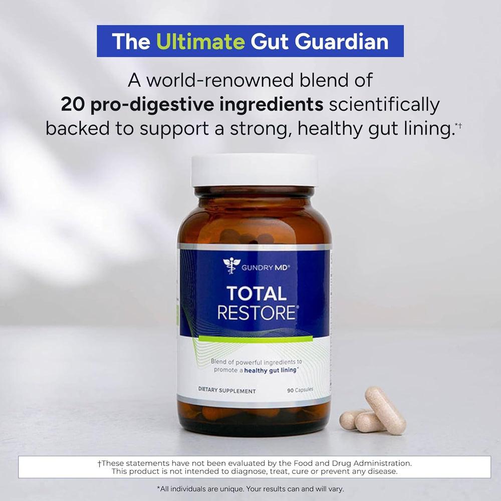 Total Restore label close-up highlights the three-capsule daily routine.
