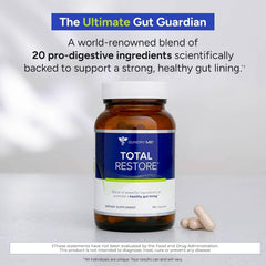 Total Restore label close-up highlights the three-capsule daily routine.