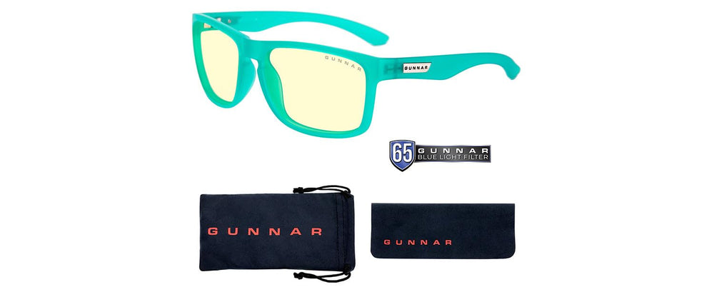 Gunnar amber-tint reading glasses worn during computer work to ease strain.