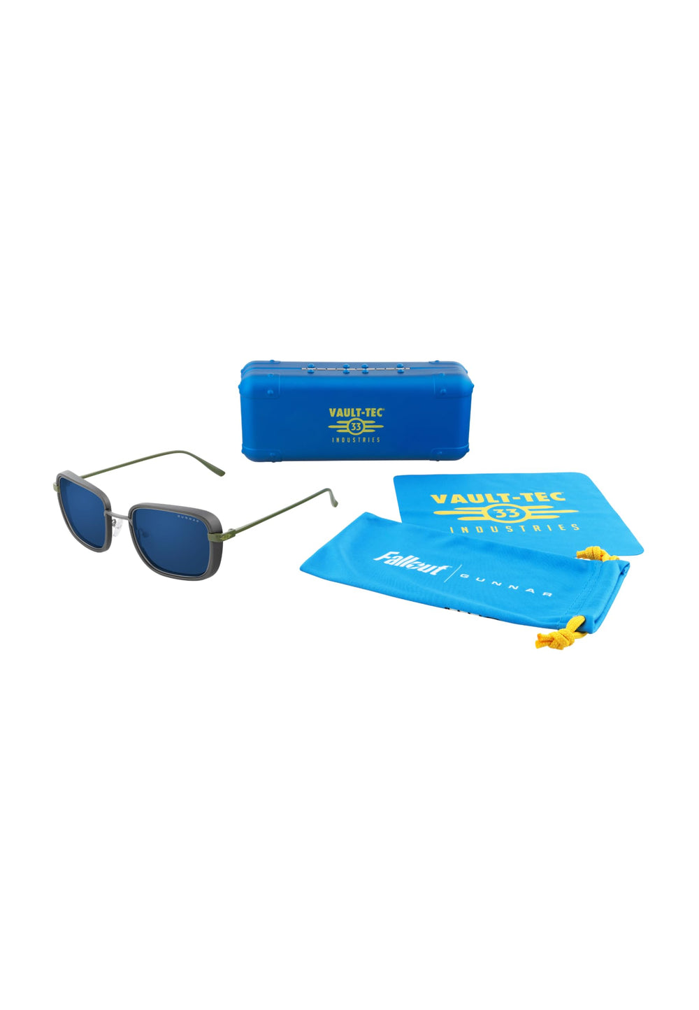 GUNNAR Fallout Vault 33 olive sunglasses angled view showing frame detail