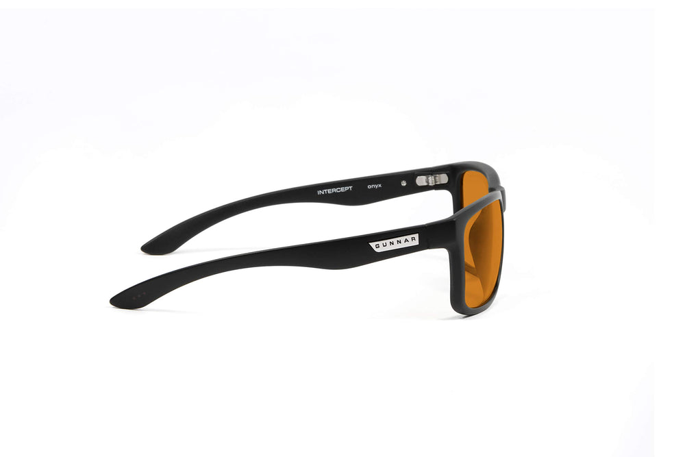 GUNNAR Intercept lens closeup highlights patented tech and blue light protection.