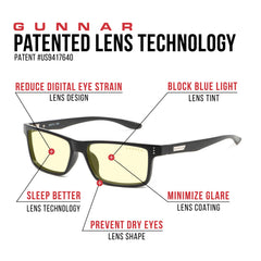 GUNNAR Onyx blue light protection graphic, showcases protective lens technology for screens.