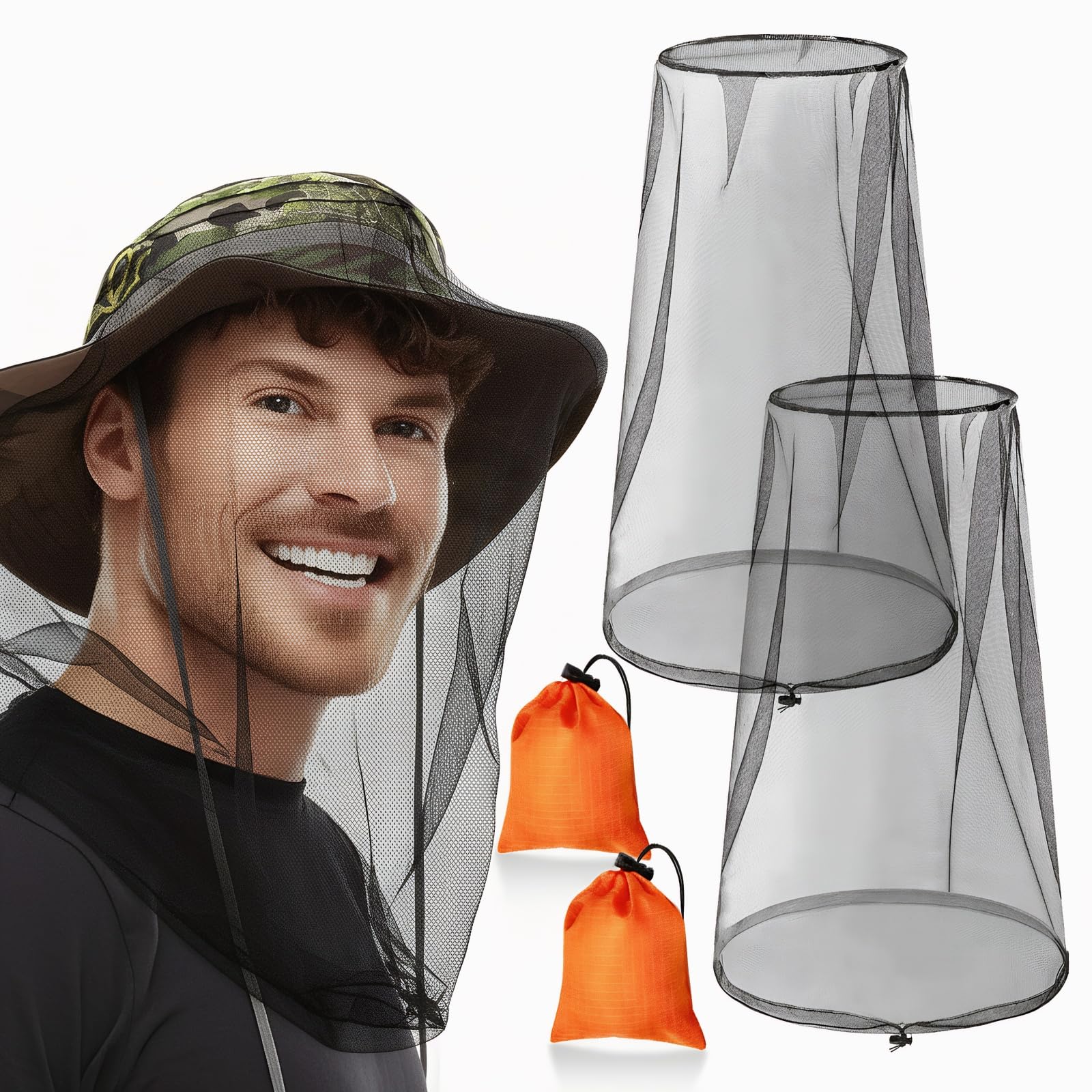 GuoluvSoo mosquito head net drawn over face with secure drawstring for insect protection outdoors.