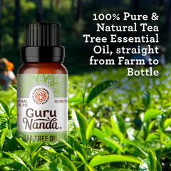 GuruNanda Tea Tree Essential Oil amber bottle close-up highlights purity.